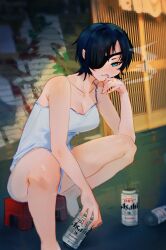 1girl absurdres alcohol bare_legs bare_shoulders barefoot beer beer_can black_hair blue_eyes breasts camisole can chainsaw_man cigarette cleavage collarbone drink_can eyepatch highres himeno_(chainsaw_man) holding holding_can holding_cigarette large_breasts looking_at_viewer medium_breasts one_eye_covered short_hair sitting smoke smoking solo squatting stool thighs white_camisole zyllypepper
