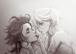 2girls absurdres applying_lipstick applying_makeup closed_eyes commentary dress greyscale gundam gundam_suisei_no_majo hand_on_another&#039;s_neck highres himmel_(keine_haare) long_hair long_sleeves looking_at_another miorine_rembran monochrome multiple_girls parted_lips spot_color suletta_mercury symbol-only_commentary thick_eyebrows yuri
