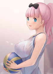 1girl ball bare_shoulders black_bow blue_eyes blush bow bra breasts covered_erect_nipples from_side fujiwara_chika highres kaguya-sama_wa_kokurasetai_~tensai-tachi_no_renai_zunousen~ kelly_0w0 large_breasts long_hair pink_hair see-through_clothes sleeveless sweat underwear volleyball_(object)
