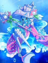 Rule 34 | 1girl, absurdres, air bubble, ariemon, bare shoulders, black sclera, blue background, blue hair, blue skin, bubble, colored sclera, colored skin, digimon, digimon (creature), full body, highres, holding, holding staff, japanese clothes, kimono, megane mochi, pink eyes, pink kimono, solo, staff, underwater
