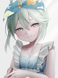 1girl absurdres anata6350 bare_shoulders blue_dress blue_ribbon blush bow breasts dress fate/grand_order fate_(series) green_eyes green_hair hair_between_eyes hair_ribbon highres horns looking_at_viewer louhi_(fate) louhi_(first_ascension)_(fate) ribbon short_hair sidelocks small_breasts smile solo