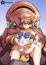 1girl bishoujo_senshi_sailor_moon blue_eyes bow brown_hair cameltoe cosplay elbow_gloves eva_02 female_focus gloves hair_bow long_hair magical_girl mecha miniskirt neon_genesis_evangelion panties pantyshot robot sailor_venus sailor_venus_(cosplay) skirt solo souryuu_asuka_langley underwear upskirt utilizator white_panties