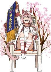 1girl animal_ears asuka_(junerabitts) bandaid bandaid_on_leg banner bow buruma chair cherry_blossoms closed_eyes commentary commentary_request ear_bow ear_covers facing_viewer food hair_between_eyes hairband hand_on_own_knee haru_urara_(umamusume) holding holding_banner horse_ears horse_girl horse_tail jacket knees_up long_hair on_chair open_mouth pink_hair ponytail red_buruma red_hairband shirt simple_background sitting smile socks solo striped_clothes striped_socks tail teeth umamusume vegetable white_background white_bow white_jacket white_shirt white_socks