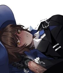 1boy 1girl black_coat black_gloves blue_necktie blush brown_eyes brown_hair censored coat collared_shirt dark-skinned_female dark_skin gloved_handjob gloves handjob hetero limbus_company looking_at_viewer mosaic_censoring necktie outis_(project_moon) penis project_moon shirt short_hair simple_background solo_focus veins veiny_penis white_background white_shirt yippee