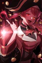 1girl ascot belt bicorne black_coat black_hat breasts buttons cleavage coat coin commentary_request cropped_jacket dead_ma&#039;am&#039;s_chest_(houshou_marine) evil_smile frilled_shirt_collar frills glowing glowing_eyes gold_coin gold_trim hat heterochromia highres hololive houshou_marine houshou_marine_(1st_costume) index_finger_raised jacket jewelry lapel_pin lapels large_breasts leotard leotard_under_clothes long_hair looking_at_viewer naruse_udon necklace no_eyepatch no_gloves notched_lapels off_shoulder open_mouth pirate_hat pleated_skirt red_ascot red_eyes red_hair red_jacket red_skirt see-through_clothes see-through_cleavage see-through_leotard see-through_midriff sharp_teeth skirt sleeveless sleeveless_jacket smile solo teeth twintails unworn_jewelry unworn_necklace virtual_youtuber yellow_eyes