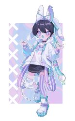 Rule 34 | 1boy, absurdres, animal ears, asymmetrical legwear, black choker, black hair, black shorts, blue nails, bright pupils, cable, choker, commentary, cross-shaped pupils, dated commentary, double-parted bangs, drawstring, fang, full body, hat, hat with ears, highres, hood, hood down, jacket, leg up, leg warmers, long sleeves, male focus, mechanical ears, mismatched legwear, open clothes, open jacket, open mouth, original, outline, ozureiji, purple eyes, purple thighhighs, rabbit ears, shirt, shoes, short hair, shorts, single leg warmer, single thighhigh, skin fang, solo, striped clothes, striped thighhighs, symbol-only commentary, symbol-shaped pupils, thighhighs, tsurime, w arms, white hat, white jacket, white leg warmers, white outline, white pupils, white shirt, white shoes