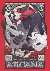 2girls :&lt; :d adjusting_eyewear armband armored_boots artbook belt_buckle bent_over black_boots black_horns black_jacket black_necktie black_pants black_shorts black_tail black_thighhighs boots breasts bridgeless_bra buckle center_opening chain clawed_gauntlets cleavage commentary cover cover_page cropped_jacket dark-skinned_female dark_skin demon_horns dress_shirt english_commentary english_text fingerless_gloves floating_hair flower formal_clothes gloves grey_eyes hair_bun hair_tie hand_on_own_hip helltaker high_heel_boots high_heels highres horns jacket jacket_on_shoulders judgement_(helltaker) justice_(helltaker) large_breasts legs_apart legs_up long_hair looking_at_another micro_shorts midriff multiple_girls navel necktie noah_(tettsui-sole) open_clothes open_jacket open_mouth pants pentagram red_armband red_flower red_gloves red_rose red_shirt roman_numeral rose shirt short_sleeves shorts sidelocks smile sparkle star_(symbol) suit sunglasses thigh_strap thighhighs tie_clip torn_clothes torn_jacket venus_symbol white_eyes white_hair