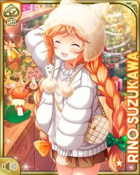1girl :d ahoge animal_hood arm_behind_head bag braid brown_hair brown_skirt card_(medium) cat_hood character_name christmas closed_eyes day girlfriend_(kari) hair_ribbon handbag hood hood_up jacket official_art open_mouth pleated_skirt purple_eyes qp:flapper ribbon skirt smile solo standing store suzukawa_rino sweater twin_braids white_jacket white_sweater