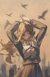 1girl absurdres airool arms_up bang_dream! bang_dream!_it&#039;s_mygo!!!!! bird blue_eyes blurry brown_background brown_hair brown_serafuku brown_theme buttons chinese_commentary closed_mouth collarbone commentary cowboy_shot depth_of_field english_commentary floating_hair highres long_hair long_sidelocks long_sleeves midriff_peek mixed-language_commentary motion_blur nagasaki_soyo own_hands_together parted_bangs sailor_collar school_uniform serafuku sidelocks smile solo tsukinomori_school_uniform white_sailor_collar winter_uniform
