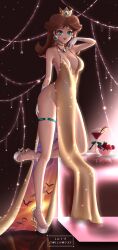 1girl absurdres alternate_costume arm_up artist_name blue_eyes breasts brown_hair cleavage dress feet gloves gold_dress highres jewelry large_breasts looking_at_viewer mario_(series) nintendo no_panties princess princess_daisy short_hair sideboob smile