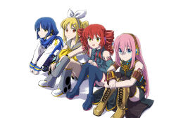 4girls absurdres ahoge blonde_hair blue_hair blush bocchi_the_rock! boots cosplay giraffe_(user_oma0720) gotoh_hitori hair_ornament highres ijichi_nijika kagamine_rin kagamine_rin_(cosplay) kaito_(vocaloid) kaito_(vocaloid)_(cosplay) kasane_teto kasane_teto_(cosplay) kasane_teto_(utau) kita_ikuyo long_hair long_sleeves megurine_luka megurine_luka_(cosplay) multiple_girls open_mouth pink_hair red_eyes scarf shirt side_ponytail skirt smile utau vocaloid white_shirt yamada_ryo