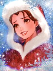 1girl beauty_and_the_beast_(disney) belle_(disney) bow brown_eyes brown_hair coat dress happy highres long_hair looking_at_viewer nyamunekonabe ponytail smile snow snowflakes snowing solo upper_body winter_clothes winter_coat winter_uniform