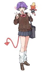 Rule 34 | 1boy, 1girl, :d, bag, black bag, black skirt, blonde hair, bow, bowtie, brown cardigan, brown shoes, cardigan, chibi, collared shirt, commentary, curled tail, delinquent, demon, demon girl, demon horns, demon tail, demon wings, english commentary, eyebrows hidden by hair, flat chest, flipped hair, floating, full body, green eyes, hair intakes, hands up, highres, holding, holding bag, holding strap, horns, invisible floor, kneehighs, knees, legs together, light blush, loafers, long eyelashes, long legs, long sleeves, loose socks, matheus felipe, miniskirt, no pupils, open mouth, original, parted hair, pleated skirt, pompadour, purple hair, red bow, red bowtie, red horns, red tail, red wings, satchel, school uniform, shirt, shoes, short hair, sidelocks, simple background, skirt, smile, socks, solid eyes, solo focus, sparkle, standing, star (symbol), striped bow, striped bowtie, striped clothes, tail, thick eyelashes, thighs, v, v-shaped eyebrows, white background, white shirt, white socks, wide-eyed, wings, yellow eyes