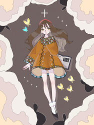 1girl ankle_socks black_footwear book brown_hair bug butterfly coat cross earrings finger_to_mouth floating_hair floral_print full_body grey_background hairband half-closed_eyes high_heels highres insect jewelry long_hair long_sleeves nanamiya_ten open_book orange_coat original peacoat pearl_earrings pumps red_hairband socks solo sparkle yellow_eyes