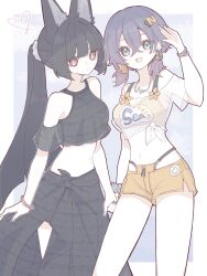 Rule 34 | 2girls, :d, absurdres, animal ear fluff, animal ears, belle (zenless zone zero), black hair, double-parted bangs, green eyes, hair between eyes, heart, highres, holding hands, hoshimi miyabi, jewelry, long hair, looking at viewer, multiple girls, navel, necklace, open mouth, ponytail, red eyes, see-through clothes, shorts, smile, zenless zone zero, zzzii0