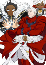 Rule 34 | age difference, aged down, animification, bodysuit, cheek pull, crossed arms, dark-skinned female, dark skin, hands on another&#039;s cheeks, hands on another&#039;s face, highres, kyou (iuciferic), magneto, marvel, old, old man, red bodysuit, storm (x-men), superhero costume, white bodysuit, white eyes, white hair, x-men