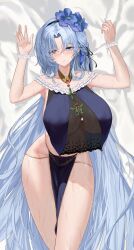 1girl absurdres alsace_(azur_lane) armpits arms_up azur_lane bare_shoulders bed_sheet blue_eyes blue_flower blue_hair breast_curtains breasts chain cleavage commentary_request crossed_legs curtained_hair flower flower_hairband frills furrowed_brow gem gold_chain gold_trim hair_between_eyes hair_flower hair_ornament hair_spread_out hair_tie highres huge_breasts jewelry long_hair looking_to_the_side lying necklace nick_laojiao on_back on_bed parted_bangs pelvic_curtain pink_gemstone revealing_clothes see-through_cleavage see-through_clothes solo thighs underboob very_long_hair wet wrist_flower
