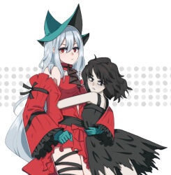 Rule 34 | 2girls, arknights, ascot, bare shoulders, black ascot, black dress, black eyes, black hair, character request, clenched hands, closed mouth, detached sleeves, dress, expressionless, frilled sleeves, frills, gallaxi, gloves, green gloves, hand on another&#039;s back, hug, long hair, long sleeves, looking at viewer, looking to the side, multiple girls, parted lips, red dress, red eyes, short hair, skadi (arknights), skadi the corrupting heart (arknights), thigh strap, very long hair, white background, white hair, wide sleeves
