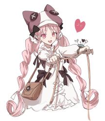 1girl bag black_bow bow breasts dress fate/grand_order fate_(series) habetrot_(fate) handbag hat heart highres long_hair long_sleeves looking_at_viewer low_twintails nekwnek open_mouth original outstretched_arms outstretched_hand pink_eyes pink_hair pink_hat pointy_ears sewing_pin simple_background small_breasts smile solo tape_measure twintails white_background white_dress
