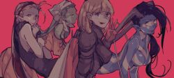 4girls :d archived_source armor bare_shoulders bent_over black_dress black_hair blonde_hair blue_eyes breastplate breasts cape closed_eyes colored_skin cybele_(megami_tensei) demon_(megami_tensei) dress floating french_flag gloves green_hair green_skin hairband hand_on_own_chin headscarf horns jeanne_d&#039;arc_(megami_tensei) leanan_sidhe_(megami_tensei) long_horns looking_at_viewer multiple_girls nipples nude off-shoulder_dress off_shoulder open_mouth pointy_ears purple_skin raven_croow red_background red_eyes red_gloves shin_megami_tensei silky_(megami_tensei) sleeveless sleeveless_dress smile v white_headscarf yellow_eyes
