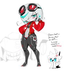 1girl absurdres blue_archive blue_hair car full_body grey_hair hair_over_one_eye highres meme motor_vehicle multicolored_hair pear-shaped_figure sage_(sonic) simple_background sonic_(series) sonic_racing:_crossworlds sonic_the_hedgehog soundog-2031 standing thick_thighs thighs uohhhhhhhhh!_(meme) white_hair wide_hips