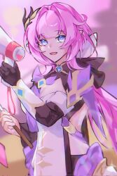 1girl black_gloves black_shorts blue_eyes blurry blurry_background breasts cleavage commentary corrupted_twitter_file corset elysia_(honkai_impact) elysia_(miss_pink_elf)_(honkai_impact) gloves hair_ornament highres holding holding_megaphone honkai_(series) honkai_impact_3rd large_breasts long_hair looking_at_viewer megaphone mmaayyooccaatt pink_hair shorts shrug_(clothing) single_glove smile solo white_corset