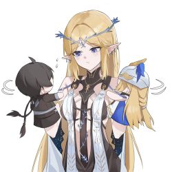 Rule 34 | 1girl, absurdres, bare shoulders, black collar, black dress, blonde hair, blue eyes, breasts, cartethyia (wuthering waves), closed mouth, collar, commentary, crown of thorns, dress, earrings, english commentary, flying sweatdrops, hand puppet, highres, jewelry, light blush, long hair, looking at object, male rover (wuthering waves), necklace, noir (noir reveur), parted bangs, pointy ears, pout, puppet, rover (wuthering waves), sidelocks, simple background, small breasts, solo, tabard, tacet mark (wuthering waves), upper body, white background, white tabard, wuthering waves