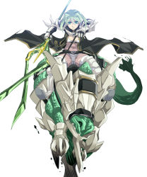 1girl angry armor barding cleavage_cutout clothing_cutout dinosaur fantasy female_focus green_eyes green_hair leaning_forward lipstick makeup matching_hair/eyes midriff mr.romance ragnarok_online riding riding_dinosaur rune_knight_(ragnarok_online) short_hair solo thighhighs weapon