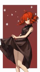 Rule 34 | 1girl, absurdres, ahoge, alternate costume, bare shoulders, black dress, black ribbon, blue cat (bilibili 3714474), blush, border, breasts, dress, drill hair, encore dance (synthesizer v), hair between eyes, hashtag-only commentary, highres, kasane teto, looking at viewer, medium breasts, red background, red eyes, red hair, ribbon, skirt hold, smile, solo, star (symbol), twin drills, utau, white border