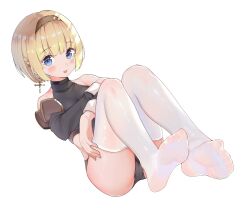 1girl :d ass bei_qi black_leotard blue_eyes blush braid brown_hairband commentary cross cross_earrings earrings feet foot_focus full_body hairband highres jewelry knees_up legs leotard looking_at_viewer lying no_shoes on_back open_mouth original short_hair simple_background smile soles solo thighhighs toe_seam toes white_background white_thighhighs