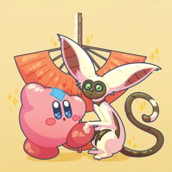 aang aang_(cosplay) aimaay arrow_(symbol) artist_name avatar:_the_last_airbender avatar_legends closed_mouth colored_sclera commentary cosplay crossover english_commentary green_sclera highres kirby kirby_(series) momo_(avatar) nintendo open_mouth shadow tail tattoo