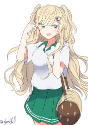 Rule 34 | 1girl, absurdres, bag, blonde hair, contrast collar, green skirt, grey eyes, hair ornament, hairclip, highres, kantai collection, long hair, looking at viewer, minneapolis (kancolle), minneapolis (tennis) (kancolle), official alternate costume, one-hour drawing challenge, pleated skirt, polo shirt, robinson (day l full), shirt, simple background, skirt, solo, sportswear, tennis skirt, tennis uniform, twitter username, two side up, wavy hair, white background, white shirt