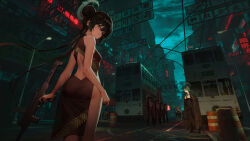 Rule 34 | animal, arms behind back, ass, back cutout, bare shoulders, black dress, black necktie, blue archive, blue eyes, braid, braided bun, braided hair rings, building, character request, china dress, chinese clothes, city, clothing cutout, cloud, coat, coat on shoulders, collared shirt, commentary, crossed arms, cs/ls06, double bun, dress, earpiece, english commentary, expressionless, eyewear on head, from behind, from below, green hair, green halo, gun, hair bun, hair over one eye, hair rings, hakama, halo, helical magazine, high-capacity magazine, high-waist pants, highres, holding, holding suitcase, japanese clothes, kimono, kisaki (blue archive), looking back, mina (blue archive), necktie, night, night sky, ongdal2, outdoors, overhead line, pants, pelvic curtain, power lines, print dress, railroad tracks, road, shirt, sign, sky, standing, streetcar, submachine gun, suitcase, sunglasses, suppressor, traffic barrel, weapon, white shirt