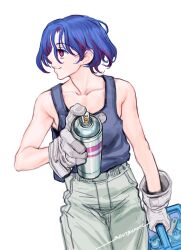 1boy blue_hair box colored_inner_hair commentary_request cowboy_shot gloves gundam gundam_gquuuuuux highres holding holding_box holding_spray_can looking_to_the_side male_focus multicolored_hair pants profile purple_hair red_eyes short_hair shuji_ito simple_background sleeveless solo spray_can tank_top two-tone_hair white_background yonemura_kouichirou