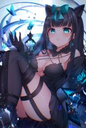 1girl animal arcaea bare_shoulders black_dress black_gloves black_hair blue_butterfly blue_eyes blunt_bangs blush bow breasts bug butterfly butterfly_hair_ornament cleavage closed_mouth collarbone dress earrings feet_out_of_frame garter_straps gloves hair_bow hair_ornament highres insect jewelry knees_up long_hair long_sleeves looking_at_viewer medium_breasts sen_chan_(akane1023) sitting solo tairitsu_(arcaea) tairitsu_(tempest)_(arcaea) thighhighs thighs