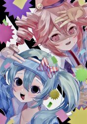 absurdres arm_up black_eyes black_necktie blue_dress blue_hair blue_hat blush bow collarbone collared_shirt dress fingernails gloves hair_between_eyes hat hat_bow hatsune_miku highres kasane_teto kepi looking_at_another looking_at_viewer mesmerizer_(vocaloid) military_hat necktie outstretched_hand pinstripe_dress pinstripe_hat pinstripe_pattern red_bow red_eyes red_hair red_hat sailor_collar sharp_teeth shirt smiley_hat_ornament srnps sweatdrop teeth tongue tongue_out twintails two-tone_bow upper_teeth_only vocaloid white_bow white_sailor_collar white_wrist_cuffs wing_collar wrist_cuffs yellow_gloves
