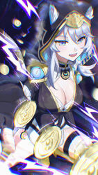 1girl absurdres animal_ear_fluff animal_ears animal_hood black_gloves black_leotard breasts bryantlee998 cat_ears cat_girl cat_hood cipher_(honkai:_star_rail) coin commentary english_commentary fingerless_gloves gloves gold_coin grey_hair highres honkai:_star_rail honkai_(series) hood hooded_leotard large_breasts leotard mole mole_on_breast open_mouth short_hair_with_long_locks solo teeth thighs upper_teeth_only