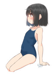 1girl ahoge arm_support artist_name black_hair blue_one-piece_swimsuit blush bob_cut competition_school_swimsuit dated feet_out_of_frame flat_chest highres looking_ahead one-piece_swimsuit original retsumaru school_swimsuit short_hair sidelocks signature simple_background sitting smile solo swimsuit white_background