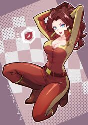 Rule 34 | 1girl, arms up, belt, biker clothes, blue eyes, bodysuit, boots, breasts, brown hair, cleavage, earrings, eyeshadow, floating earrings, gold earrings, highres, jewelry, large breasts, lipstick, long hair, looking at viewer, makeup, mario (series), mario kart, mario kart world, nintendo, open mouth, pauline (aero) (mario), pauline (mario), pauline (mario) (aero), ponytail, purple eyeshadow, rakugakifuyu, red bodysuit, red lips, smile, solo, thighs, wavy hair