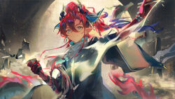 1boy absurdres arknights arm_up beads black_jacket closed_mouth colored_extremities commentary dao_jisland english_commentary hair_between_eyes hair_intakes highres holding horns jacket long_hair looking_at_viewer magic male_focus multicolored_hair outstretched_arm pointy_ears purple_hair red_eyes red_hair smile solo split_mouth two-tone_hair yellow_eyes yu_(arknights)