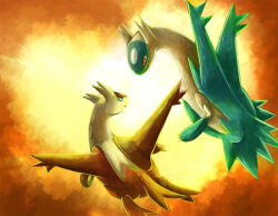 blue_eyes claws closed_mouth deruuyo flying gen_3_pokemon heart latias latios legendary_pokemon nintendo open_mouth pokemon pokemon_(creature) red_eyes smile wings