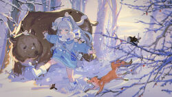 1girl :o absurdres animal backpack bag bear bird blurry blurry_foreground boots braid branch cat cat_paw cloud coat_dress crown_braid dress ferret fingerless_gloves forest fox fur-trimmed_boots fur_trim gloves grey_eyes guan_tang_baozi high_ponytail highres long_hair looking_down nature original outstretched_arms pet ponytail ribbon scarf scenery sidelocks snow snowing very_long_hair walking white_boots white_gloves white_hair winter