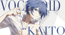 13165075695 1boy absurdres blue_eyes blue_hair character_name commentary copyright_name hair_between_eyes highres holding holding_jewelry holding_necklace jewelry kaito_(vocaloid) looking_at_viewer male_focus mindscape_cinema_(zenless_zone_zero) necklace parted_lips portrait shirt_partially_removed short_hair solo symbol-only_commentary vocaloid wet wet_clothes white_background