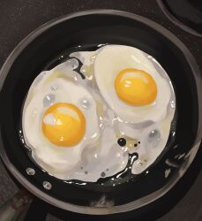 black_background color_contrast cooking egg_(food) egg_yolk food food_focus fruiitlins frying_pan highres original out_of_frame simple_background still_life