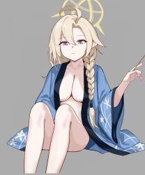 1girl ahoge ayame_(blue_archive) blonde_hair blue_archive blue_haori braid breasts cleavage closed_mouth grey_background halo haori hoshiya_takahito japanese_clothes knees_up large_breasts long_hair long_sleeves looking_at_viewer pointy_ears purple_eyes simple_background sitting solo wide_sleeves yellow_halo