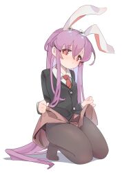 1girl absurdres animal_ears black_jacket blue_hair blush brown_pantyhose buttons closed_mouth clothes_lift collared_shirt colored_inner_hair commentary_request full_body gumingdi_ban hair_between_eyes hands_up highres jacket long_hair long_sleeves looking_at_viewer multicolored_hair necktie no_shoes pantyhose pink_skirt pleated_skirt purple_hair rabbit_ears rabbit_girl red_eyes red_necktie reisen_udongein_inaba seiza shadow shirt sidelocks simple_background sitting skirt skirt_lift solo thighs touhou very_long_hair white_background white_shirt