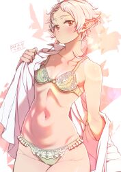 Rule 34 | 1girl, blush, bow, bow bra, bow panties, bra, breasts, closed mouth, collarbone, collared shirt, commentary request, cowboy shot, dated, elf, frilled panties, frills, green bra, green panties, groin, highres, kiyo (a sam ko), looking at viewer, mushoku tensei, navel, open clothes, open shirt, opened by self, orange eyes, panties, parted bangs, pointy ears, shirt, short hair, signature, single off shoulder, small breasts, solo, string panties, sylphiette (mushoku tensei), unbuttoned, unbuttoned shirt, underwear, undressing, white hair, white shirt