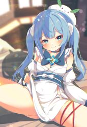 Rule 34 | 1girl, absurdres, bare shoulders, bed, bed sheet, bedroom, blue bow, blue choker, blue eyes, blue hair, blurry, blurry background, blush, bow, bowtie, breasts, brooch, choker, closed mouth, commission, covered navel, detached sleeves, embarrassed, frills, hair ornament, hat, highres, indoors, japanese clothes, jewelry, kimono, leg ribbon, lens flare, lifting own clothes, long hair, long sleeves, looking at viewer, obi, on bed, original, pillow, pom pom (clothes), pom pom hair ornament, ribbon, sash, shiro9jira, short kimono, sitting, skeb commission, small breasts, solo, spread legs, thigh ribbon, twintails, very long hair, white kimono, white sleeves