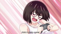 1girl 3boys animated anime_screenshot areola_slip armpit_crease arms_up black_hair blonde_hair blush bouncing_breasts breasts camisole cleavage closed_eyes collarbone controller covered_erect_nipples glasses grey_hair highres hitozuma_no_kuchibiru_wa_kan_chuuhai_no_aji_ga_shite kanzaki_miki_(hitozuma_no_kuchibiru_wa_kan_chuuhai_no_aji_ga_shite) large_breasts lips mole mole_under_eye mole_under_mouth multiple_boys nipple_slip nipples no_bra open_mouth short_hair sleeveless sound subtitled tagme tsuyoshi_(hitozuma_no_kuchibiru_wa_kan_chuuhai_no_aji_ga_shite) video video_call white_camisole