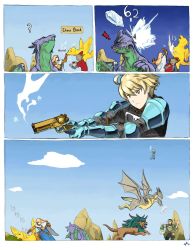 behemoth blonde_hair brown_eyes chocobo final_fantasy final_fantasy_tactics fleeing gameplay_mechanics goblin_(final_fantasy) guard gun highres hydra knight_(fft) long_hair monster multiple_heads punching ramza_beoulve smoke squire_(fft) tagme tears uppercut weapon